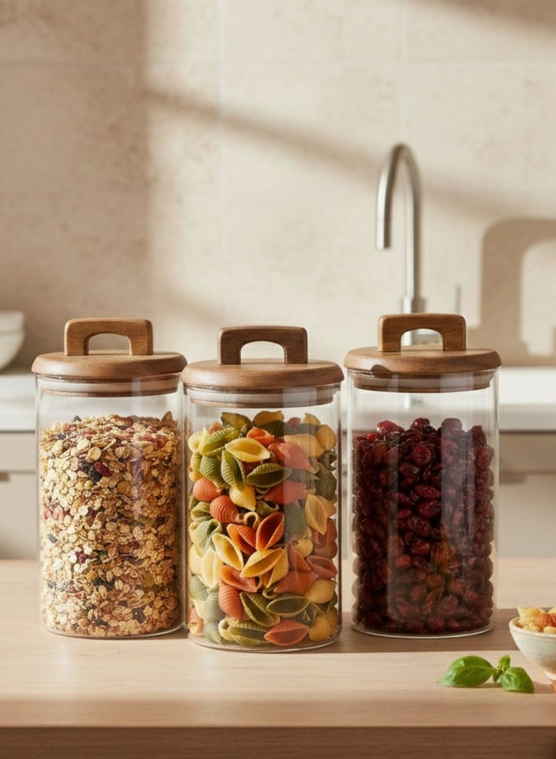 1Chase Borosilicate Glass Food Storage Jar With Acacia Wood Air Tight Lid, Handmade Glass Canister For Kitchen Pantry Organizer, For Storing Pasta, Nuts, Coffee, Snacks, Set Of 3 (1000 ML) - Image 4